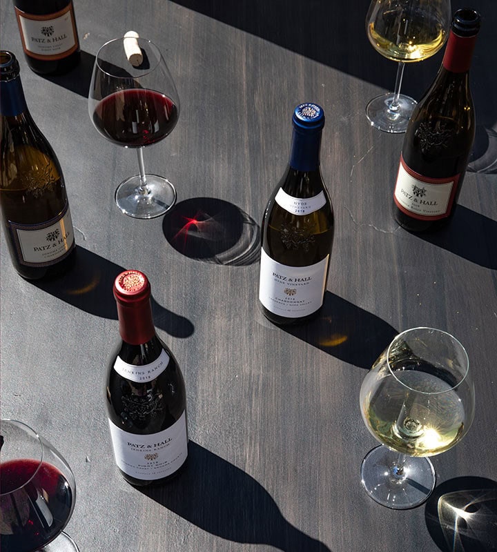 Four wine bottles and three filled wine glasses are arranged on a dark wooden surface. Two glasses contain red wine and one contains white wine. The bottles have various colored tops and labels showing the same vineyard name. Shadows from the glasses and bottles create patterns on the surface.
