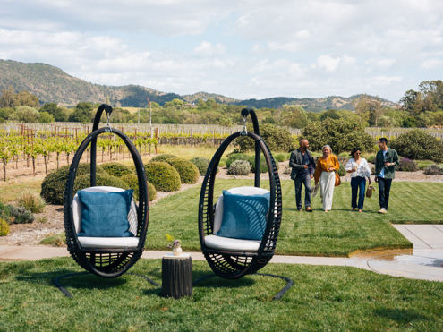 Two black hanging egg chairs with blue cushions are centered on a lush lawn with vineyards and hills in the background. A small wooden table is placed between them. Five people are walking in the background, approaching the chairs, enjoying a sunny day outdoors.
